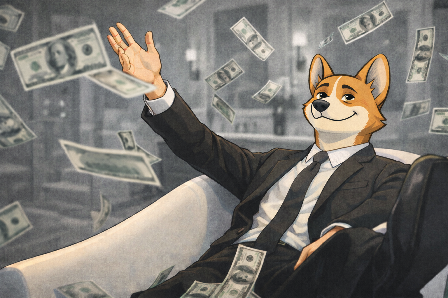 A Welsh Corgi sitting in a bathtub throwing money in the air