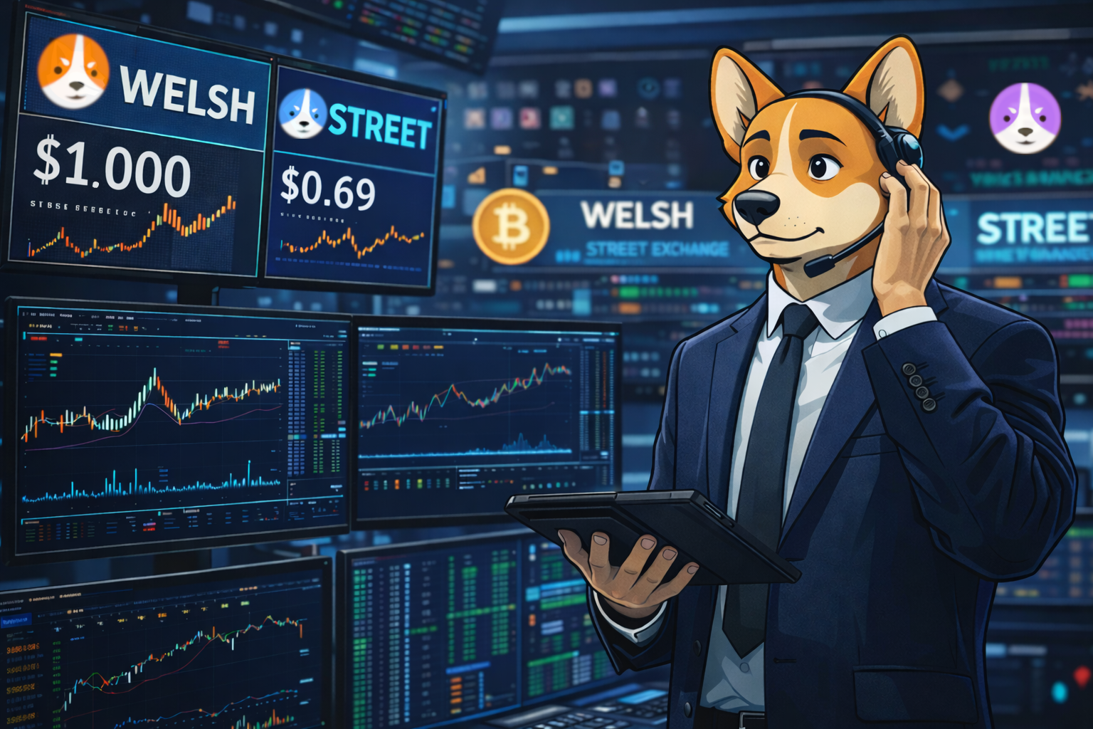 Welsh Corgi on the wall street trading floor