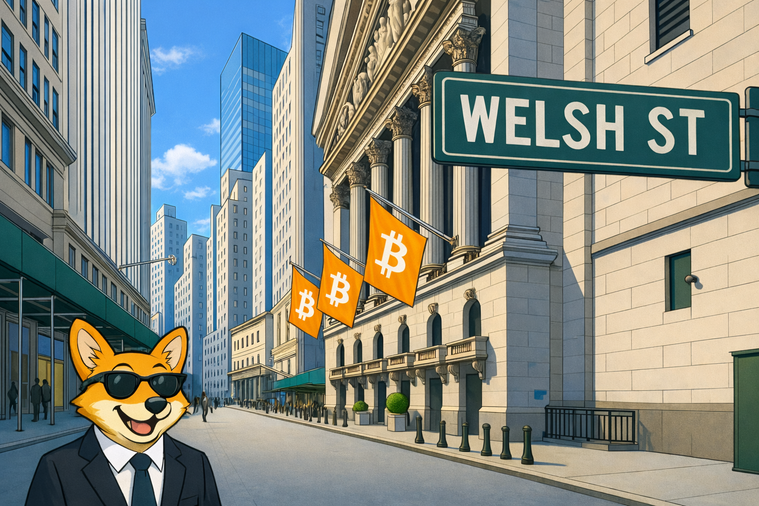 Welsh Corgi walking down wall street in a suit and tie