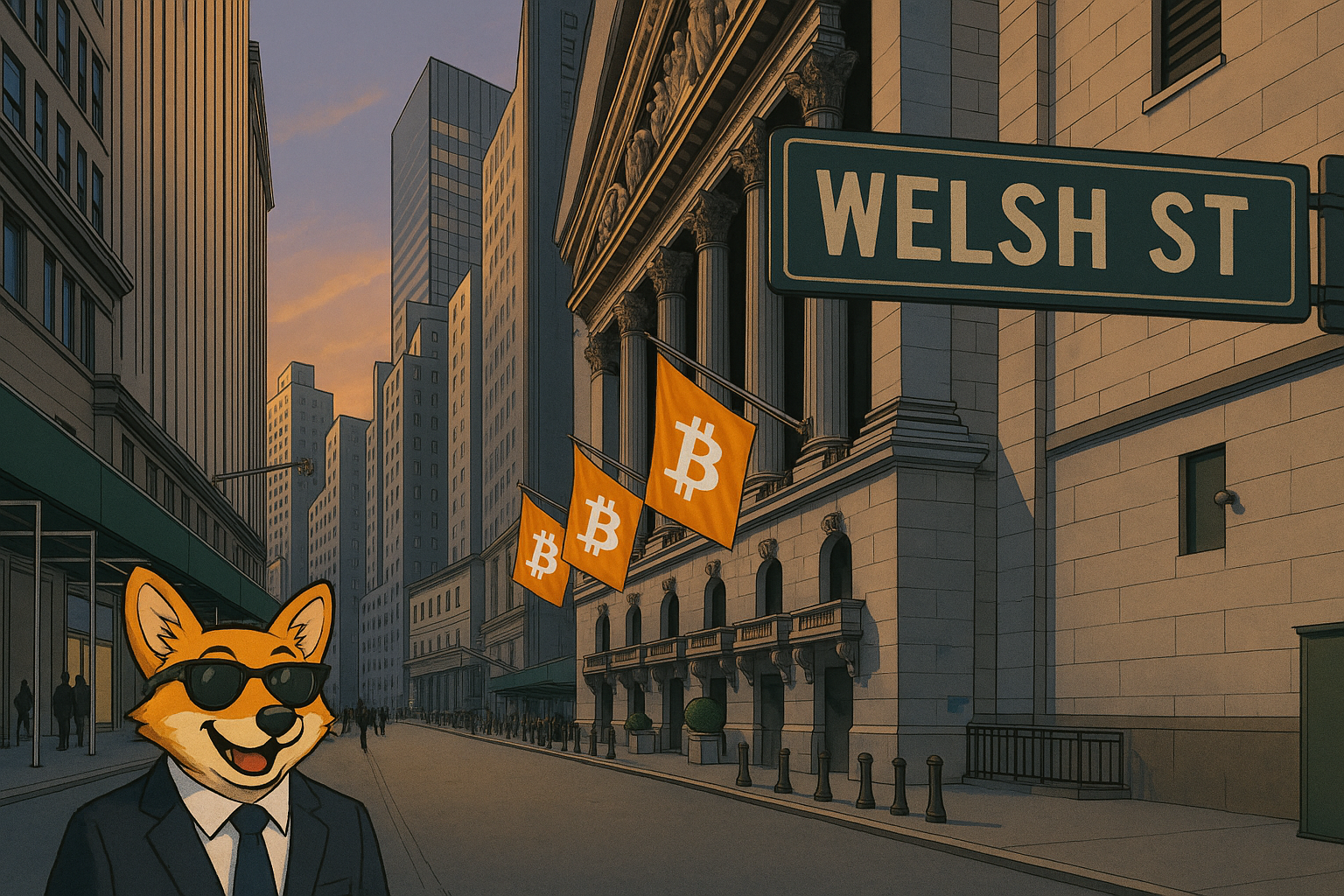 Welsh Corgi walking down wall street in a suit and tie