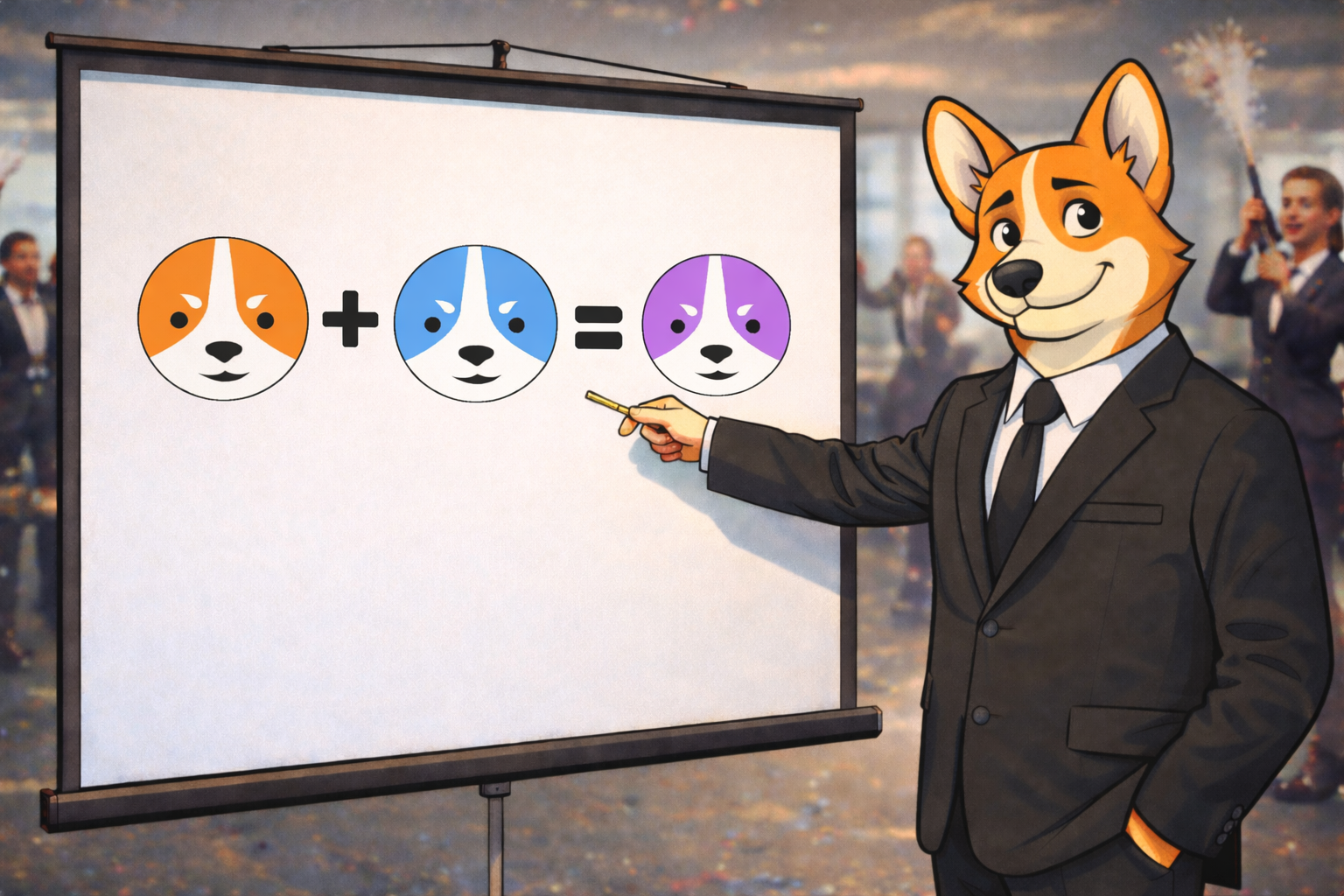 Welsh Corgi in front of a whiteboard presenting the Welsh Street Exchange concept
